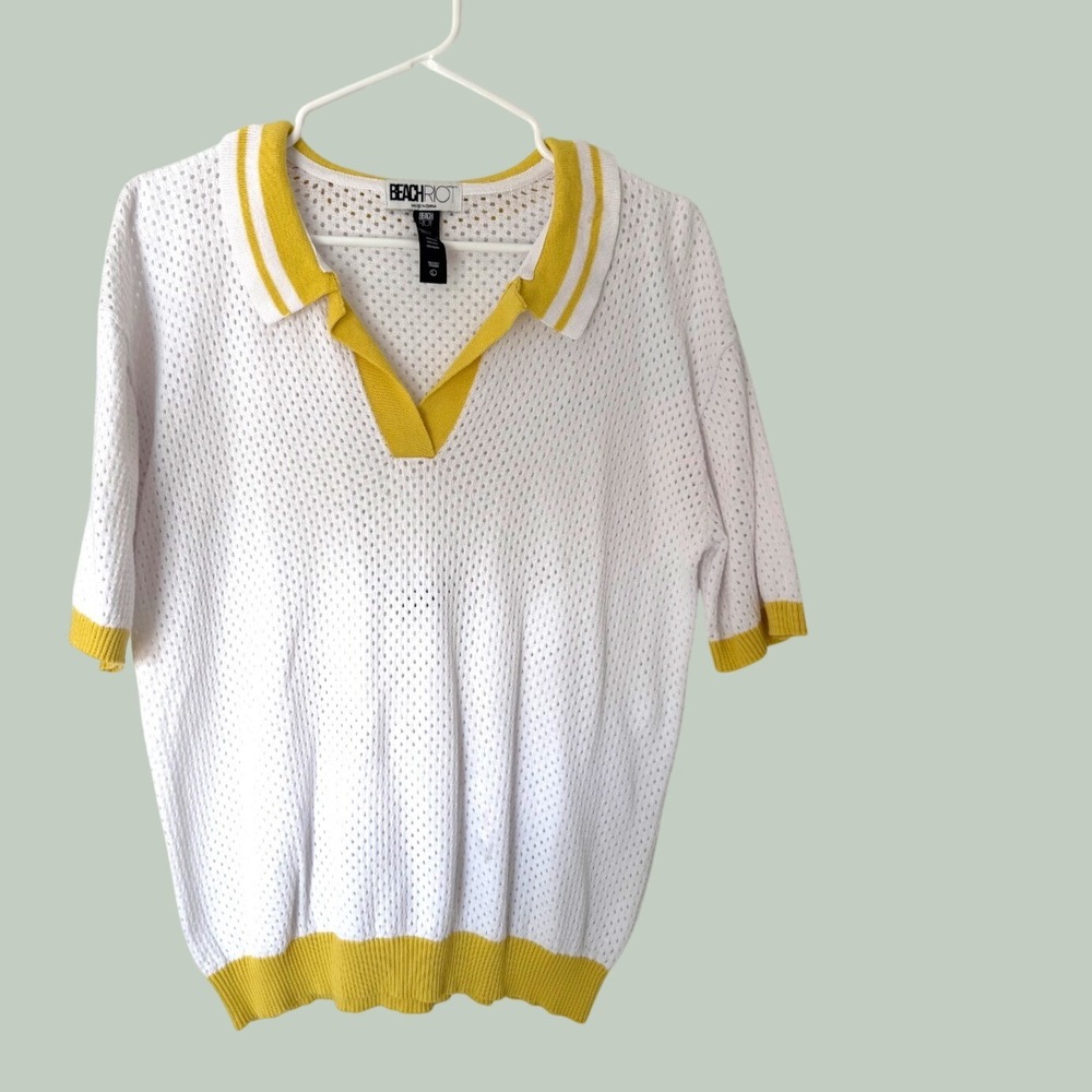 Beach Riot Womens White Yellow Knit Polo Sweater Short Sleeve Mesh Cotton Large